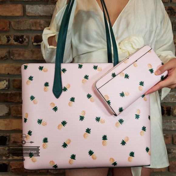AUTHENTIC NWT Kate Spade Marlee Pink Pineapple Tote Continental Wallet SET - Picture 10 of 13